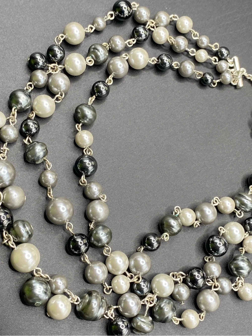 Triple Strand Pearl & Glass Beads Necklace Shades Of Gray